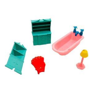 Vtg Lot 1950-60's Dollhouse Furniture Plastic Pyro Hong Kong Hutch Tub Lamp Mini